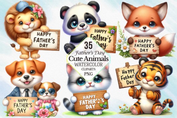 Download Watercolor Father's Day Cute Animals PNG - Animals Collection