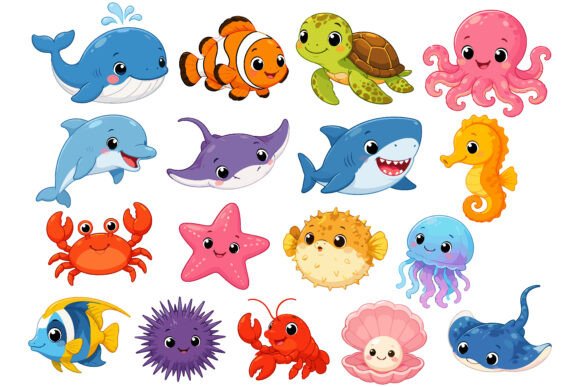 Download Cute Kawaii Sea Animals Clipart Set - Animals Collection